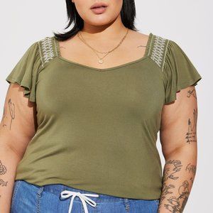 Torrid Olive Super Soft Smocked Flutter Sleeve Top